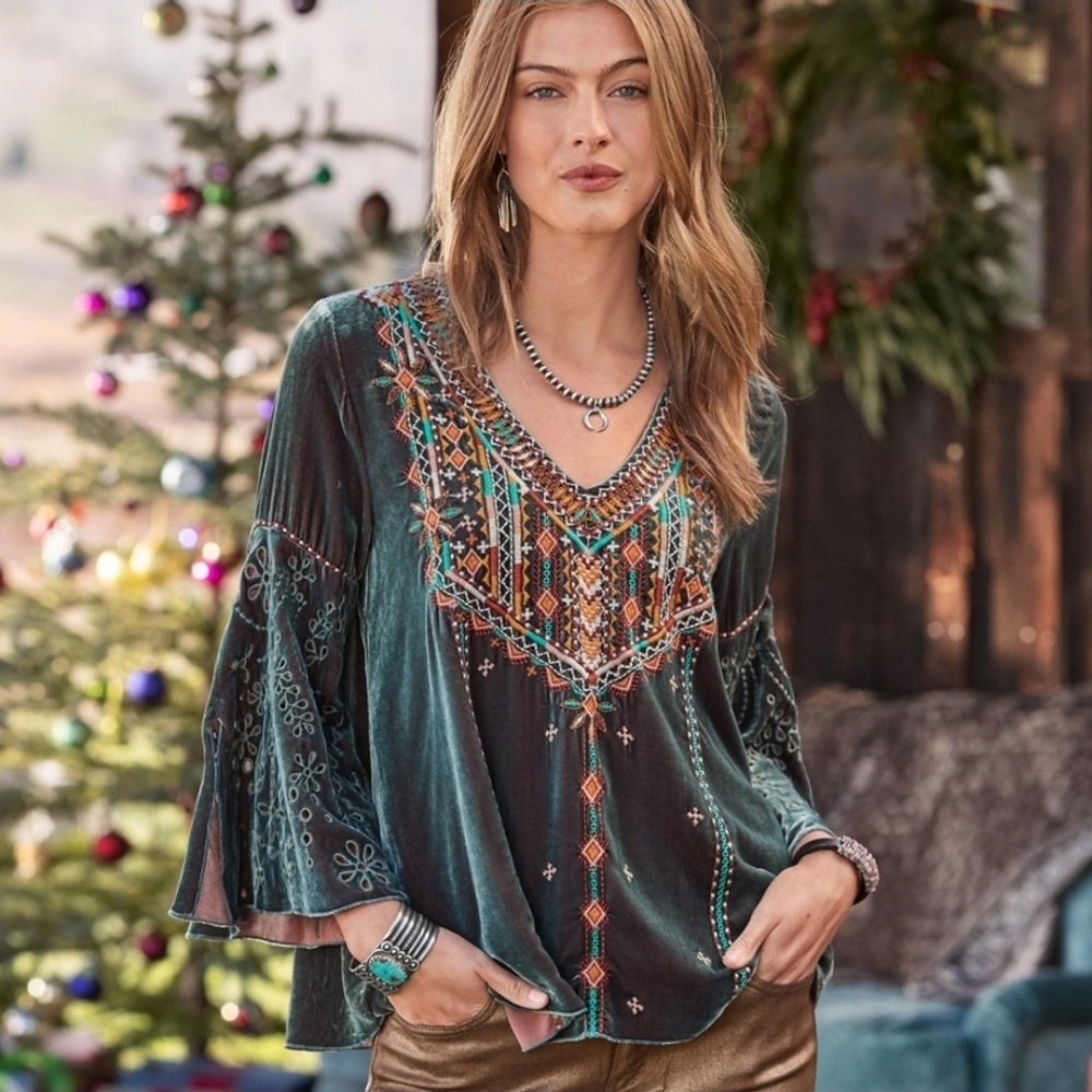 EUC Johnny Was Chiri Velvet Swing Iridescent Blouse Size Large